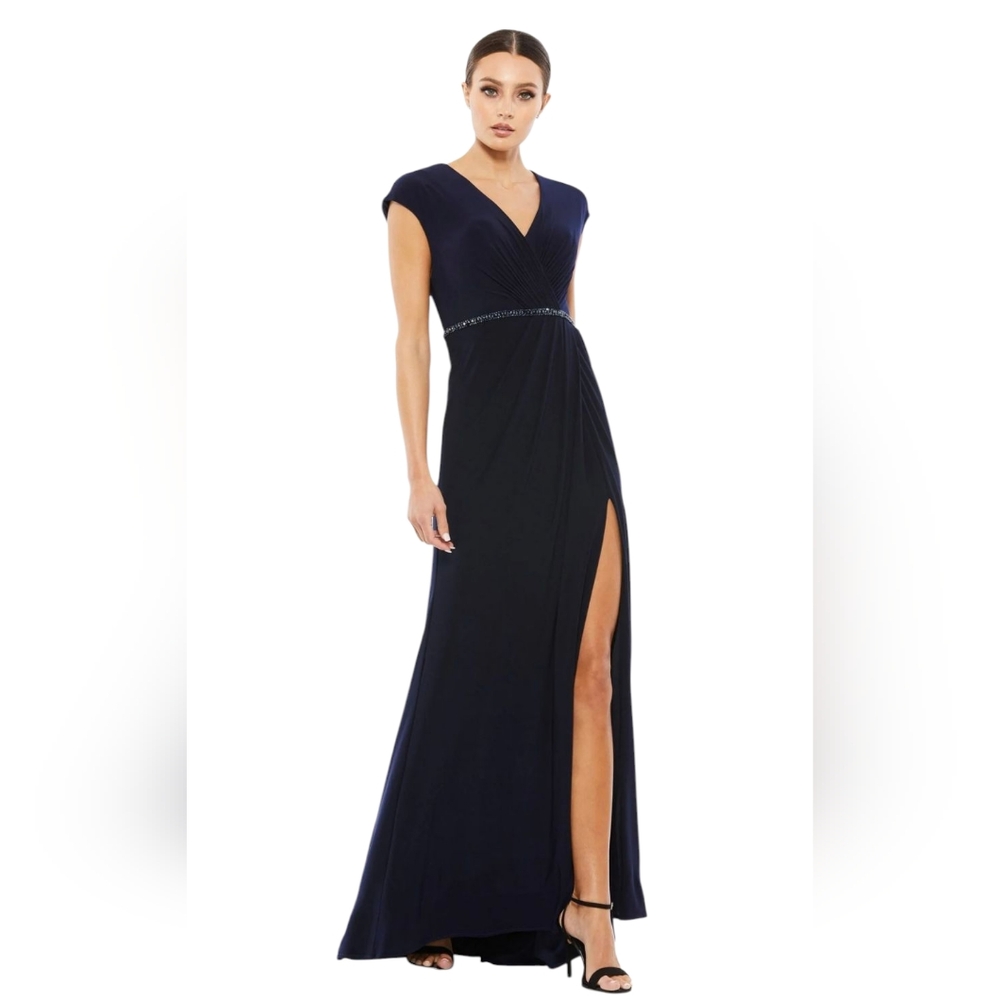 Mac Duggal 67850 Beaded Waist Cap Sleeve Gown